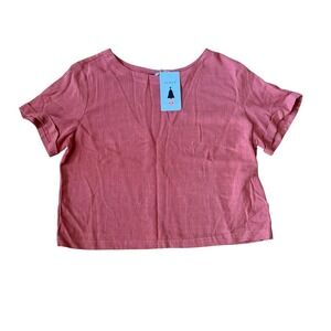 Zesica Womens Pink Linen Blend Short Sleeve Cropped Top, Size L